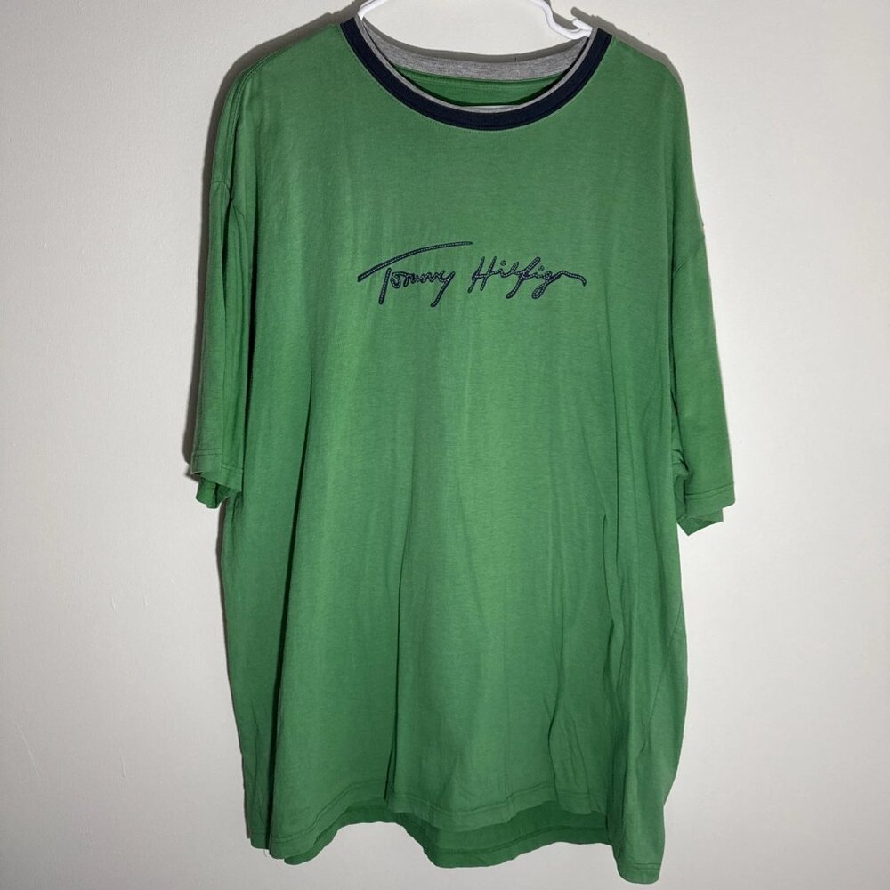Vintage 2000s Tommy Hilfiger Spell Out Cursive Script Ringer T-Shirt XXL Green